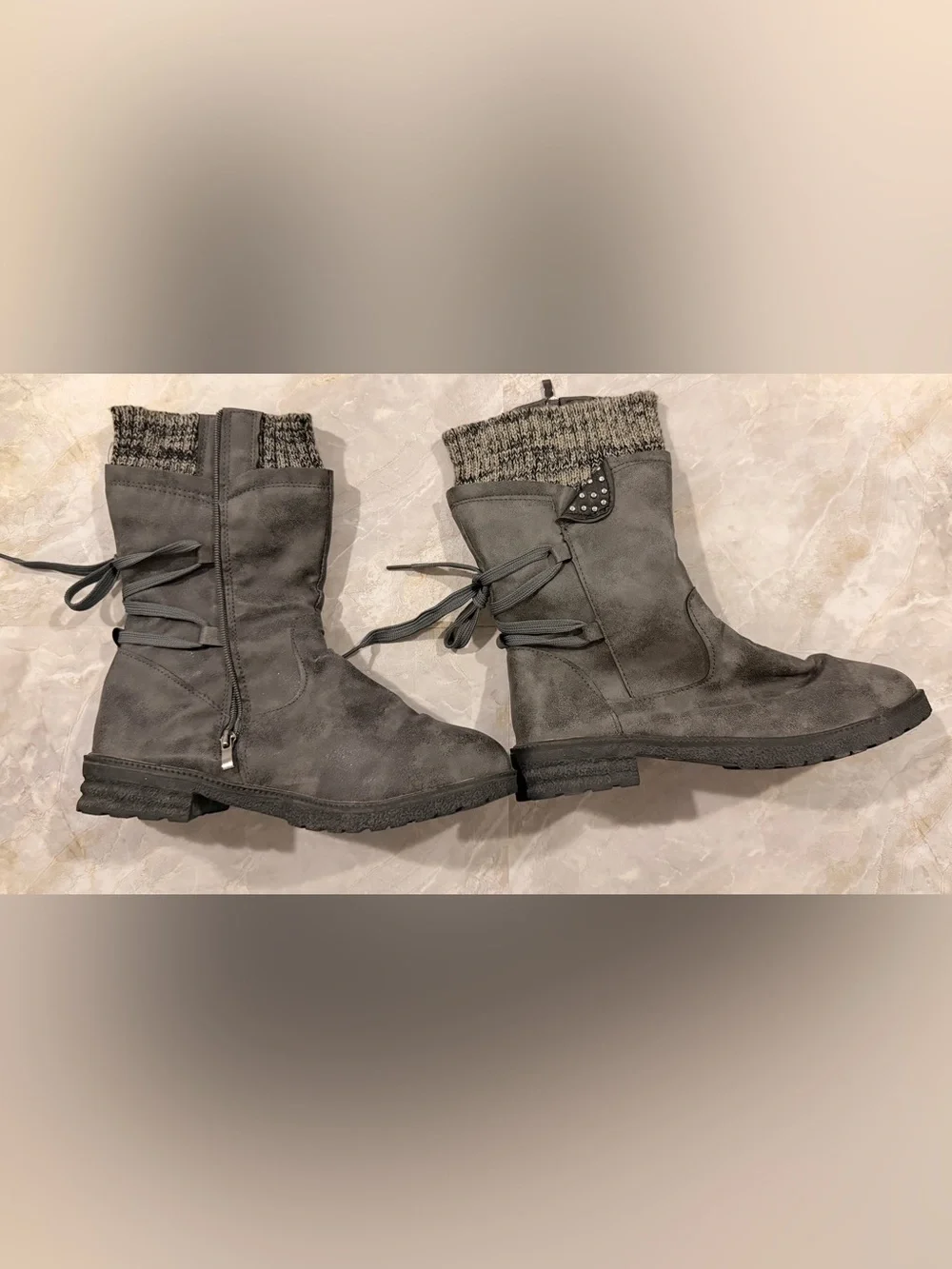 Women's Grey Knit-Cuff Mid-Calf Winter Boots